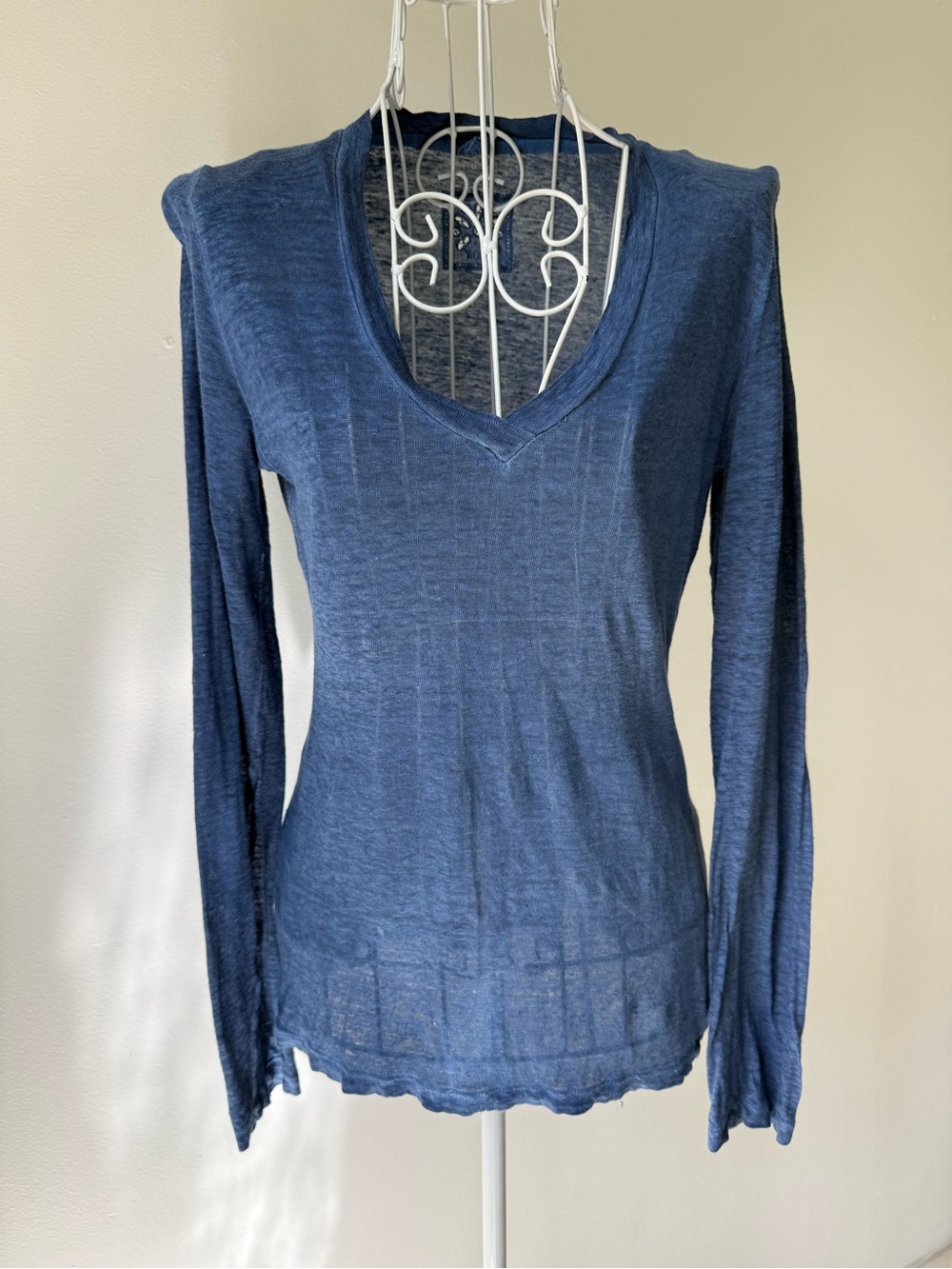 120% Lino Blue 100% Linen V Neck Long Sleeve Sheer Knit Top Italy Size S